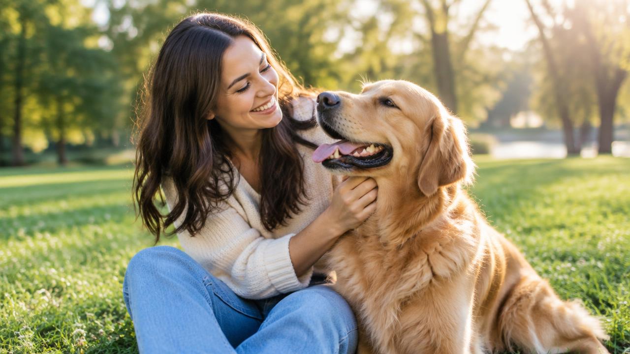 Frau mit ihrem glücklichen Golden Retriever auf einer Wiese